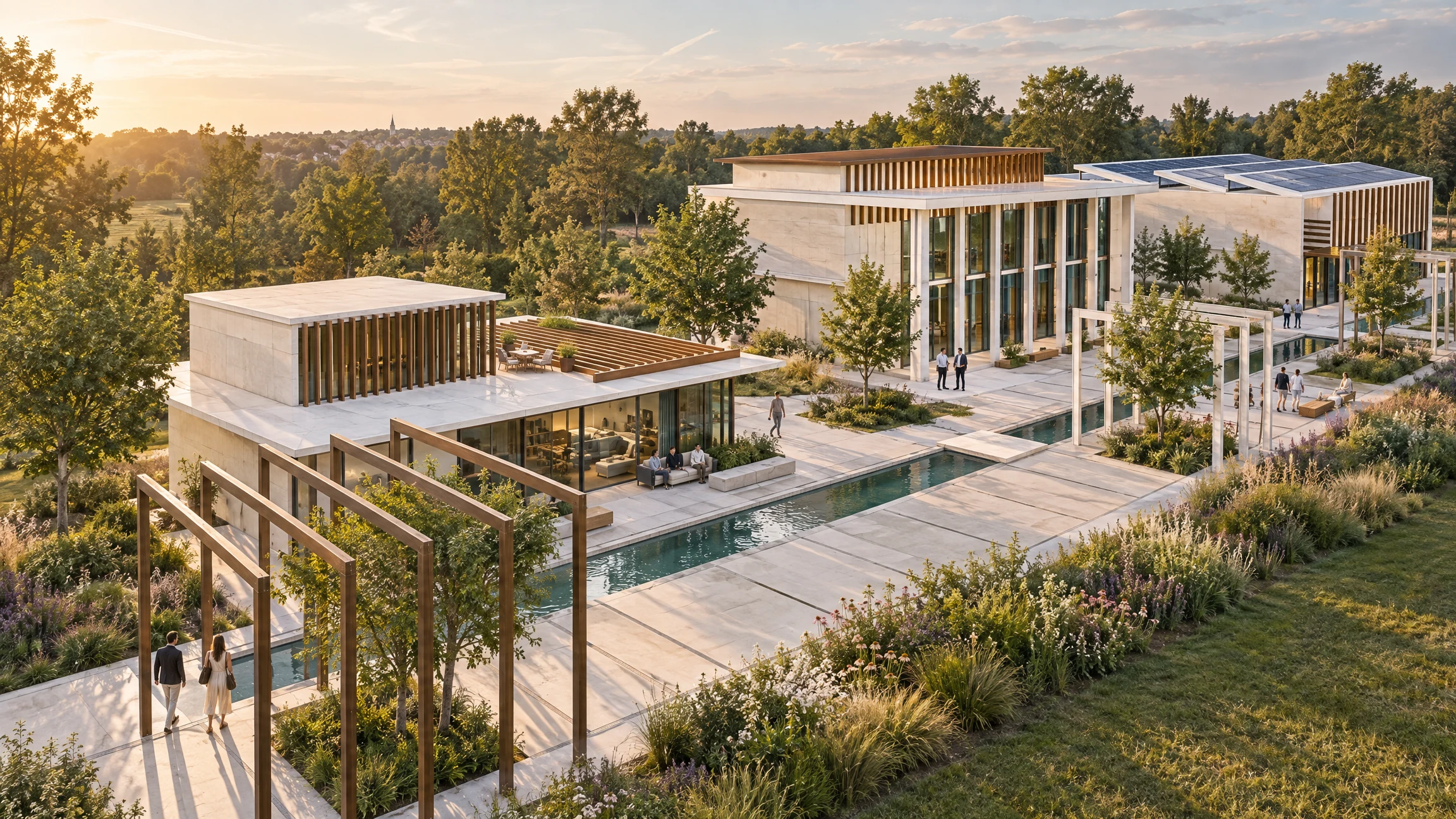 Architektonická vizualizácia moderných budov so zeleňou a solárnymi panelmi